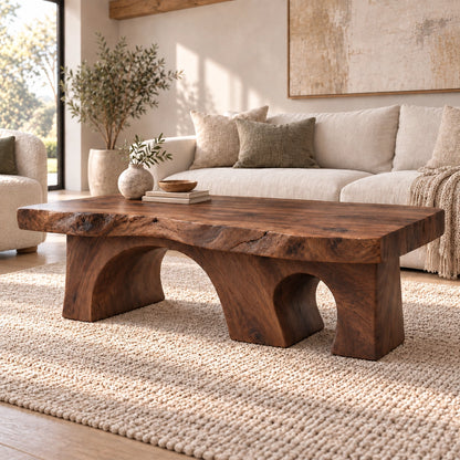 Coffee Table with Dual Curved Arch Supports in Natural Solid Wood - Woodenecho - 1