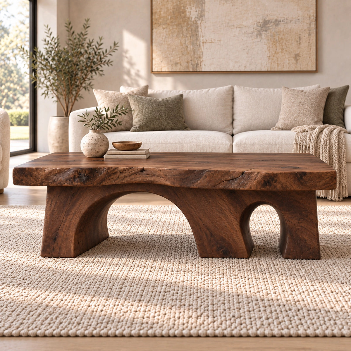 Coffee Table with Dual Curved Arch Supports in Natural Solid Wood - Woodenecho - 2