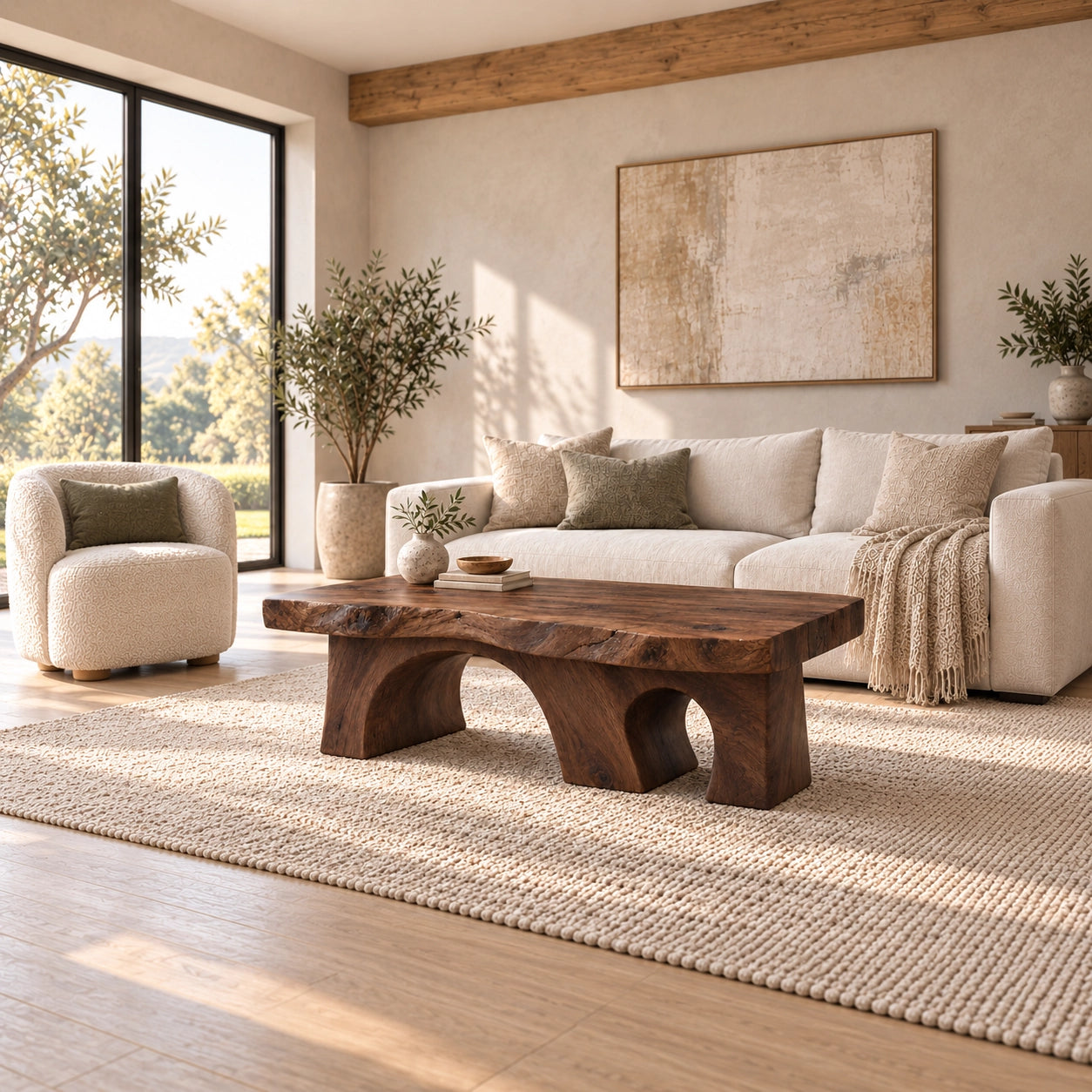 Coffee Table with Dual Curved Arch Supports in Natural Solid Wood - Woodenecho - 3