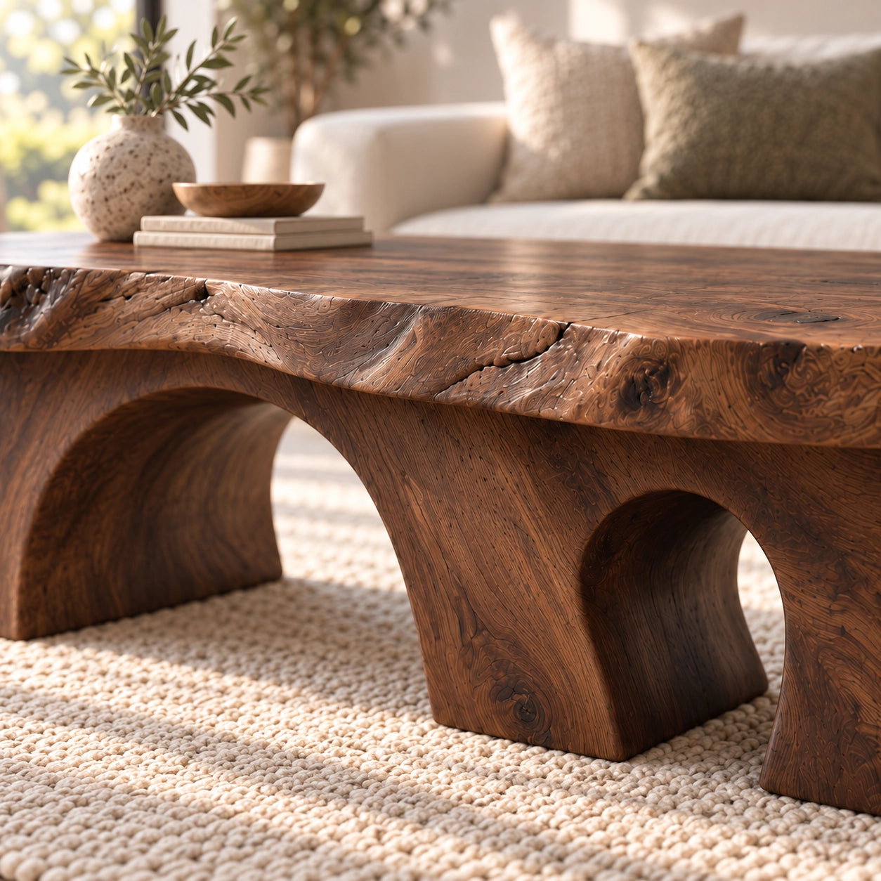 Coffee Table with Dual Curved Arch Supports in Natural Solid Wood - Woodenecho - 5