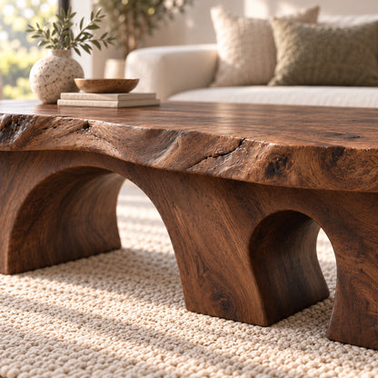 Coffee Table with Dual Curved Arch Supports in Natural Solid Wood - Woodenecho - 5