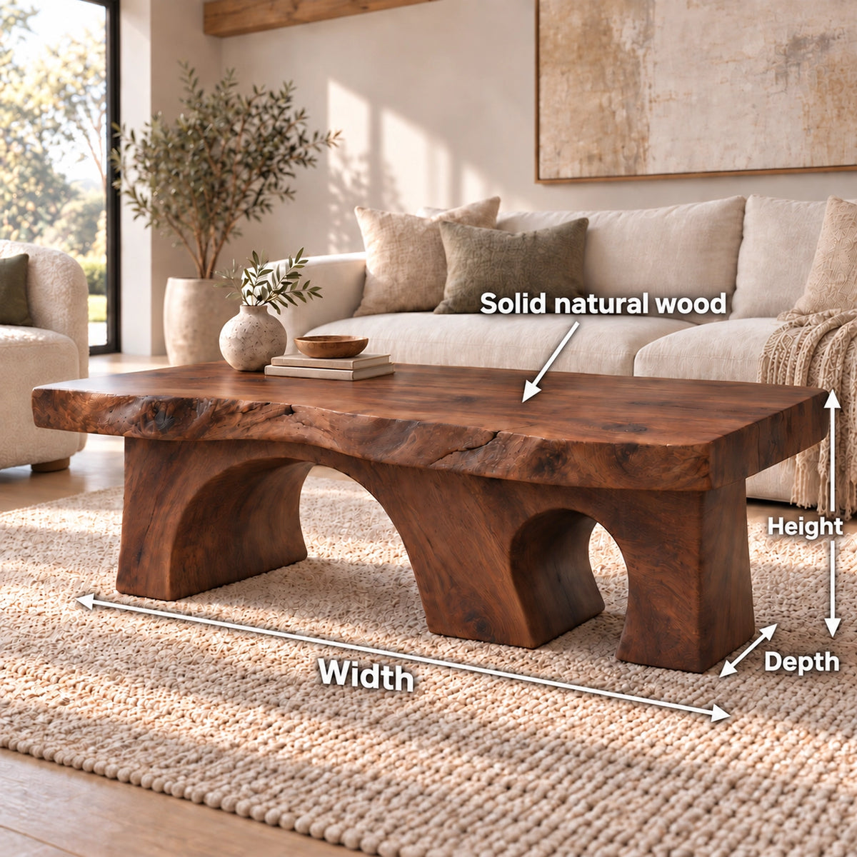 Coffee Table with Dual Curved Arch Supports in Natural Solid Wood - Woodenecho - 6