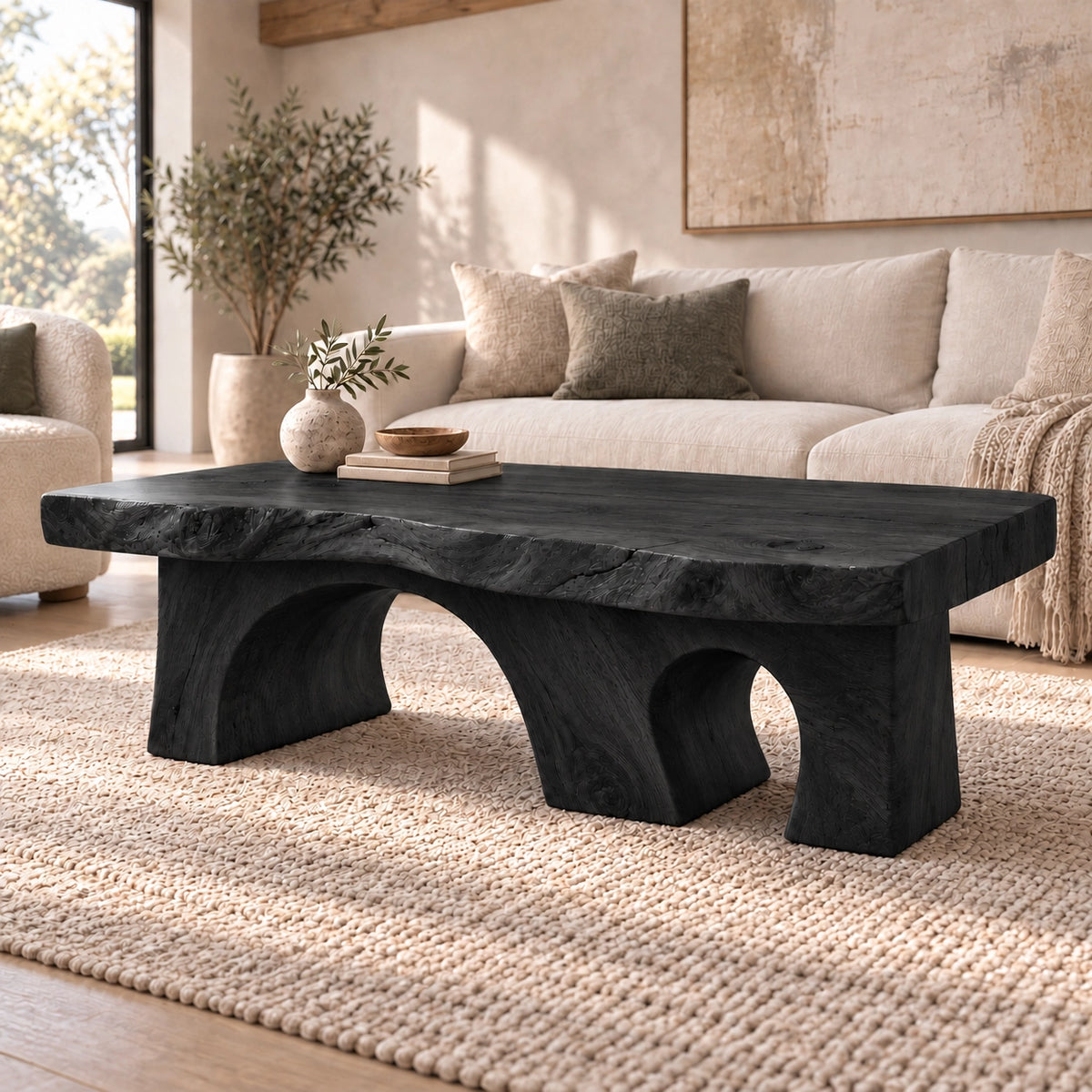 Coffee Table with Dual Curved Arch Supports in Natural Solid Wood - Woodenecho - 7