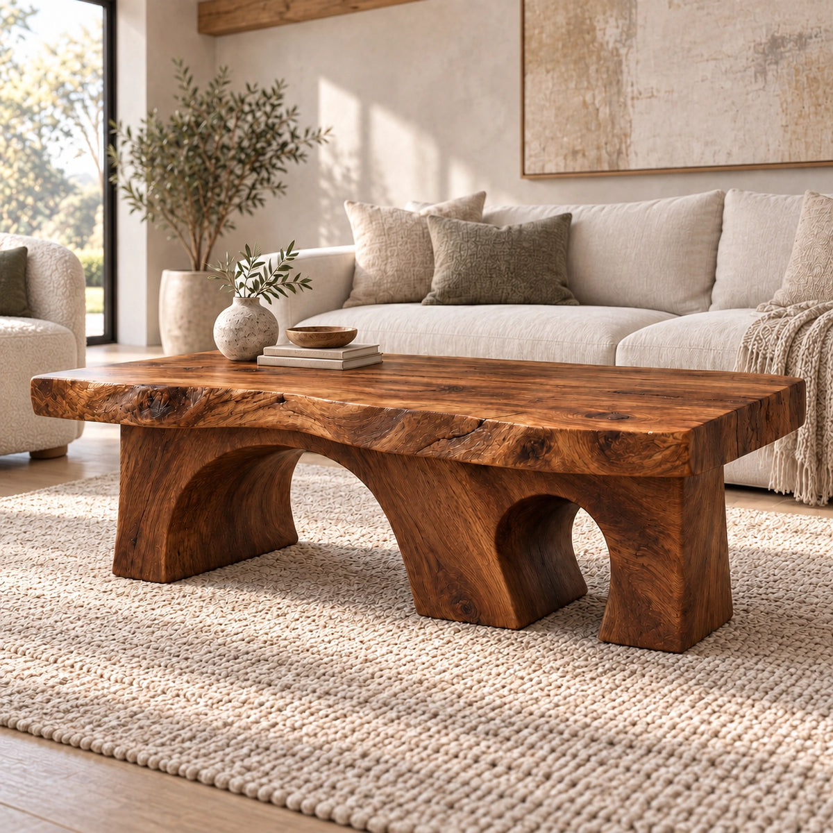 Coffee Table with Dual Curved Arch Supports in Natural Solid Wood - Woodenecho - 8