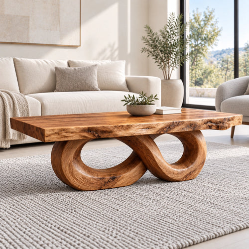 Coffee Table with Dual Curved Oval Base in Natural Solid Wood for Living - Woodenecho - 1