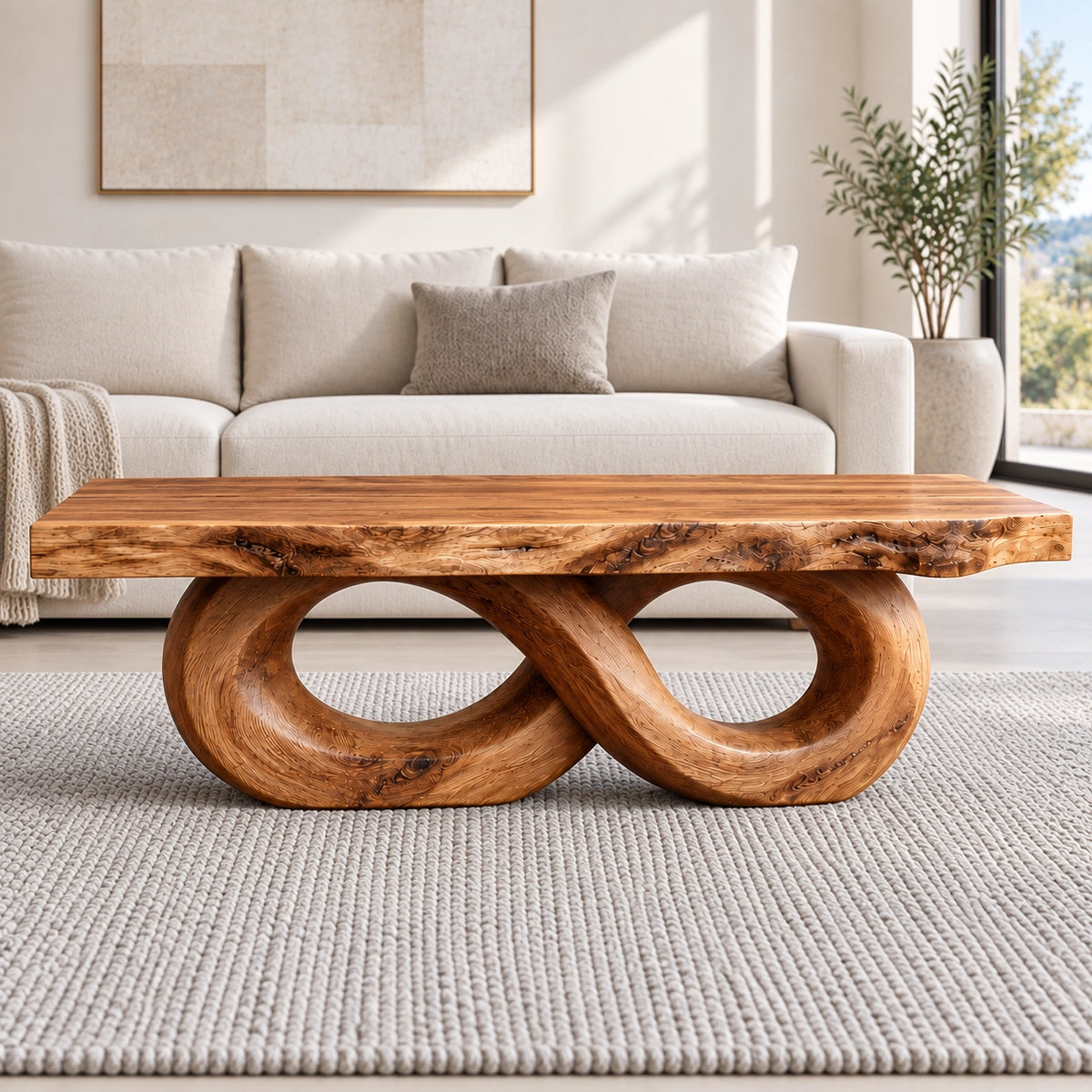 Coffee Table with Dual Curved Oval Base in Natural Solid Wood for Living - Woodenecho - 2