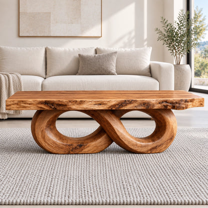 Coffee Table with Dual Curved Oval Base in Natural Solid Wood for Living - Woodenecho - 2