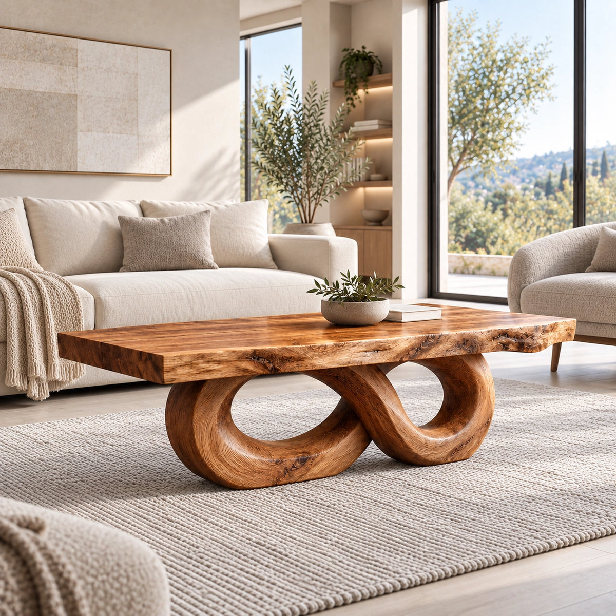 Coffee Table with Dual Curved Oval Base in Natural Solid Wood for Living - Woodenecho - 3