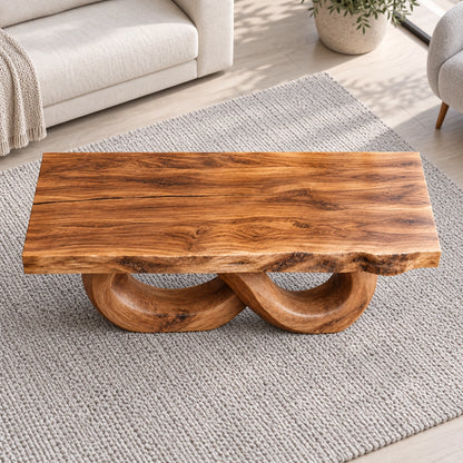 Coffee Table with Dual Curved Oval Base in Natural Solid Wood for Living - Woodenecho - 4