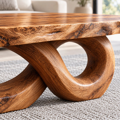 Coffee Table with Dual Curved Oval Base in Natural Solid Wood for Living - Woodenecho - 5