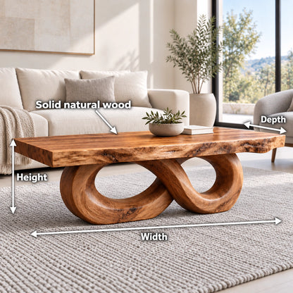 Coffee Table with Dual Curved Oval Base in Natural Solid Wood for Living - Woodenecho - 6