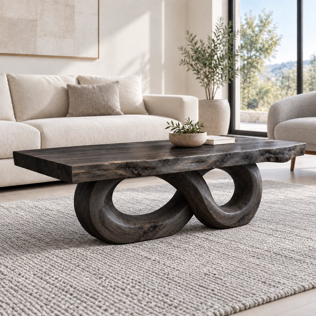 Coffee Table with Dual Curved Oval Base in Natural Solid Wood for Living - Woodenecho - 7