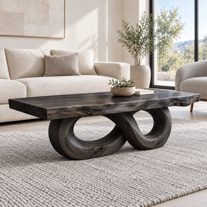 Coffee Table with Dual Curved Oval Base in Natural Solid Wood for Living - Woodenecho - 7