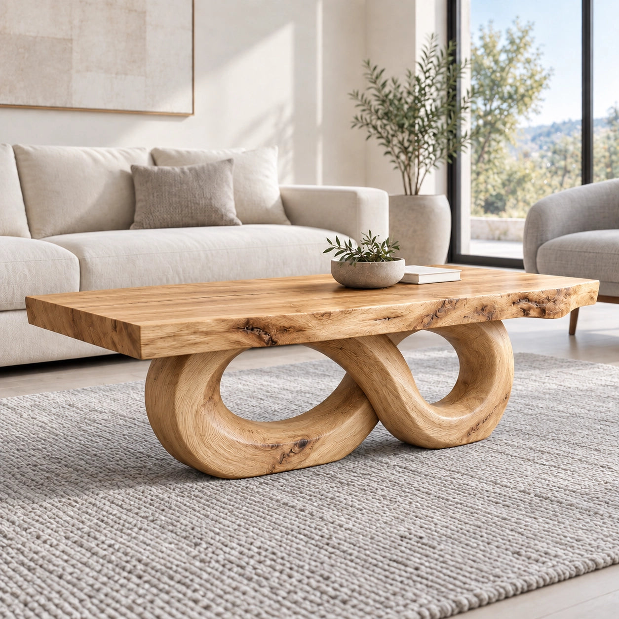 Coffee Table with Dual Curved Oval Base in Natural Solid Wood for Living - Woodenecho - 8
