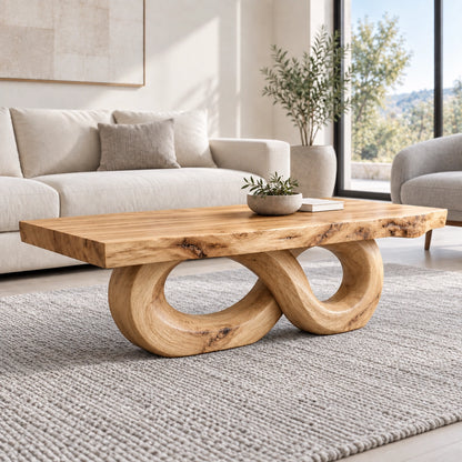 Coffee Table with Dual Curved Oval Base in Natural Solid Wood for Living - Woodenecho - 8