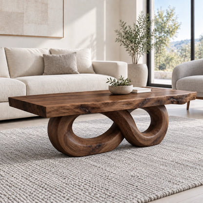 Coffee Table with Dual Curved Oval Base in Natural Solid Wood for Living - Woodenecho - 9
