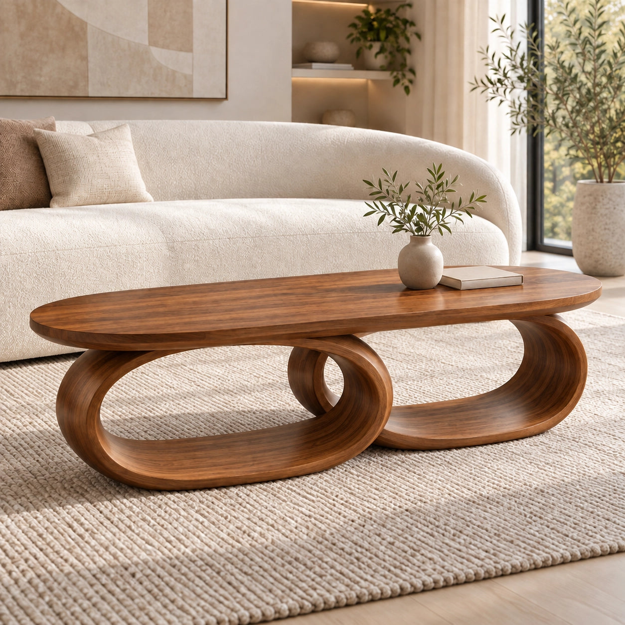 Coffee Table with Dual Oval Openings in Natural Solid Wood for Living - Woodenecho - 1
