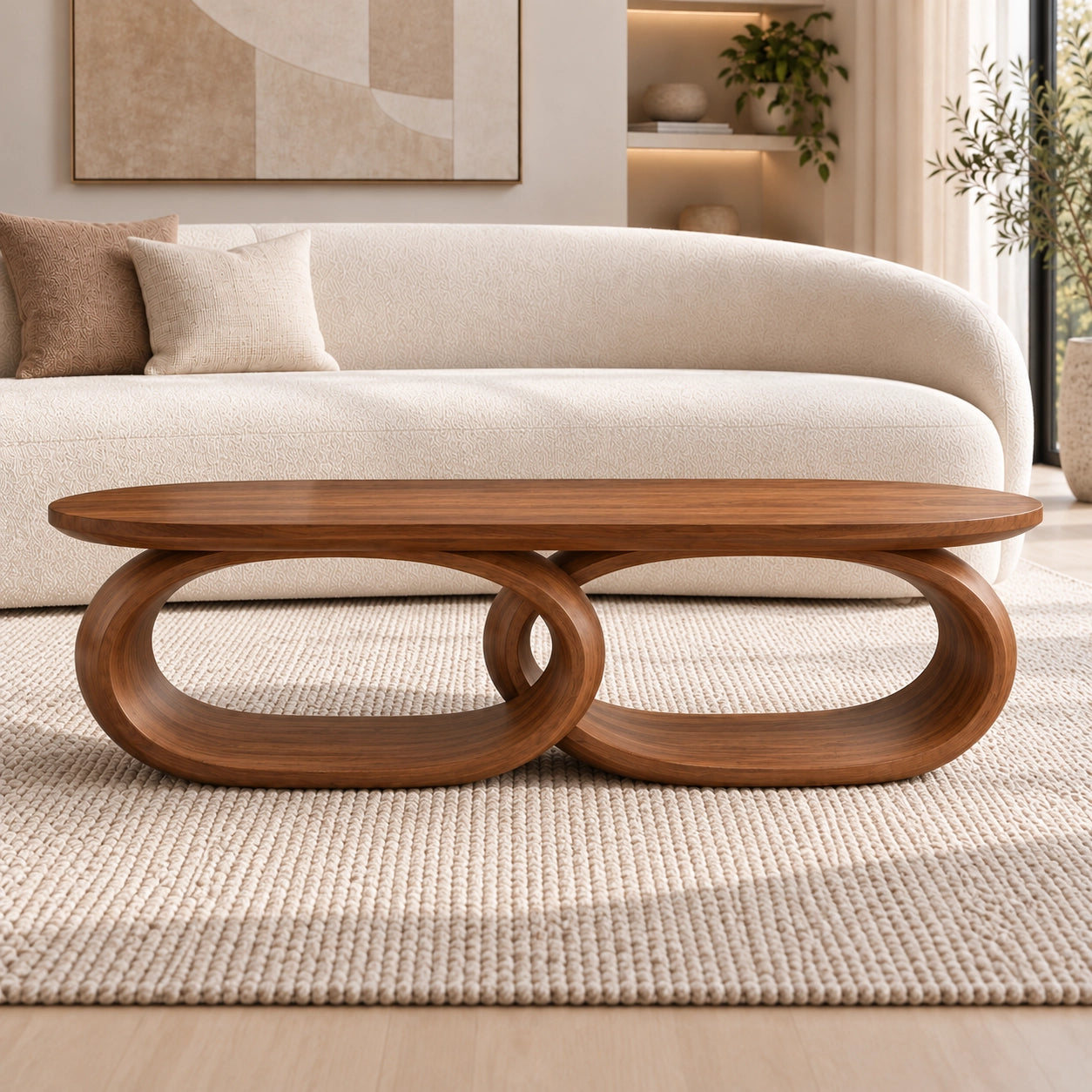 Coffee Table with Dual Oval Openings in Natural Solid Wood for Living - Woodenecho - 2