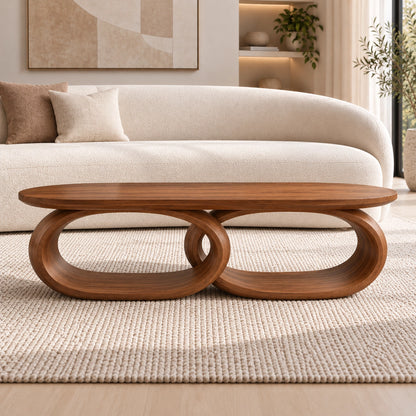 Coffee Table with Dual Oval Openings in Natural Solid Wood for Living - Woodenecho - 2