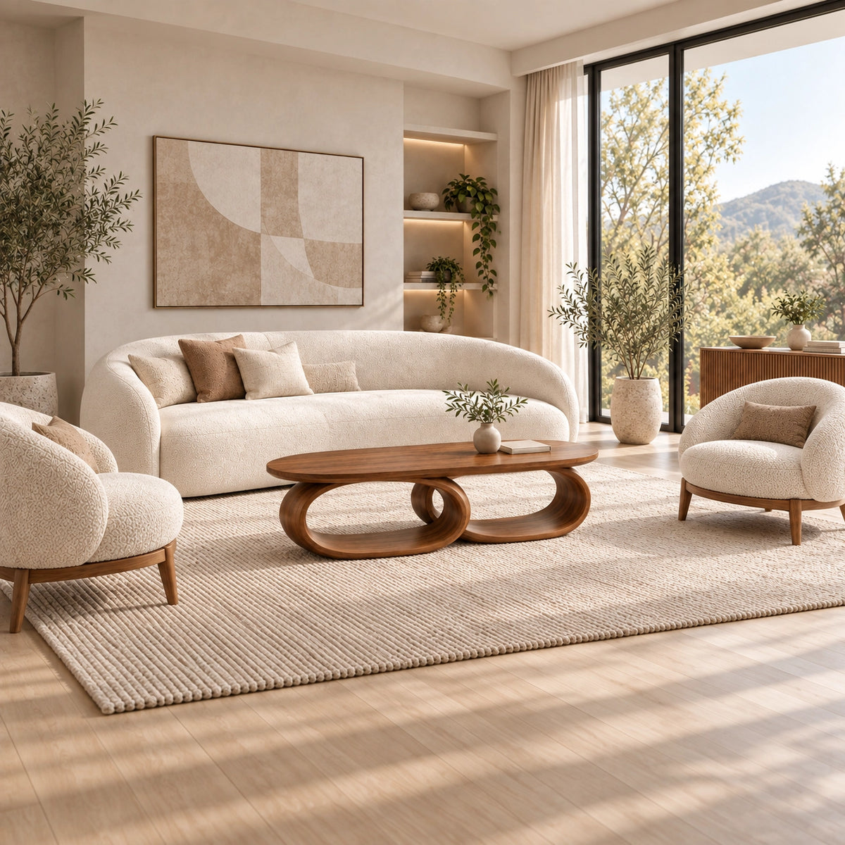 Coffee Table with Dual Oval Openings in Natural Solid Wood for Living - Woodenecho - 3