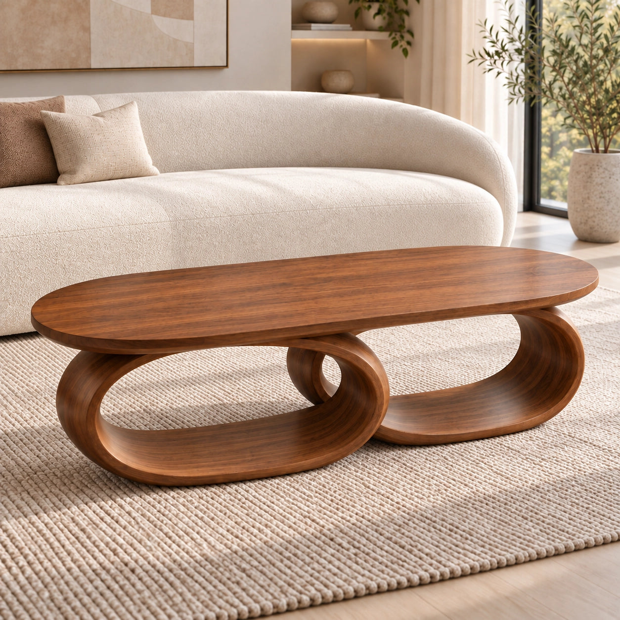 Coffee Table with Dual Oval Openings in Natural Solid Wood for Living - Woodenecho - 4