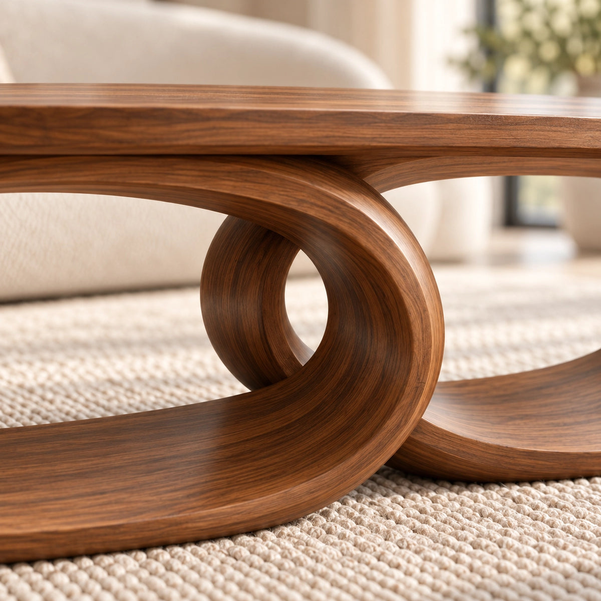 Coffee Table with Dual Oval Openings in Natural Solid Wood for Living - Woodenecho - 5