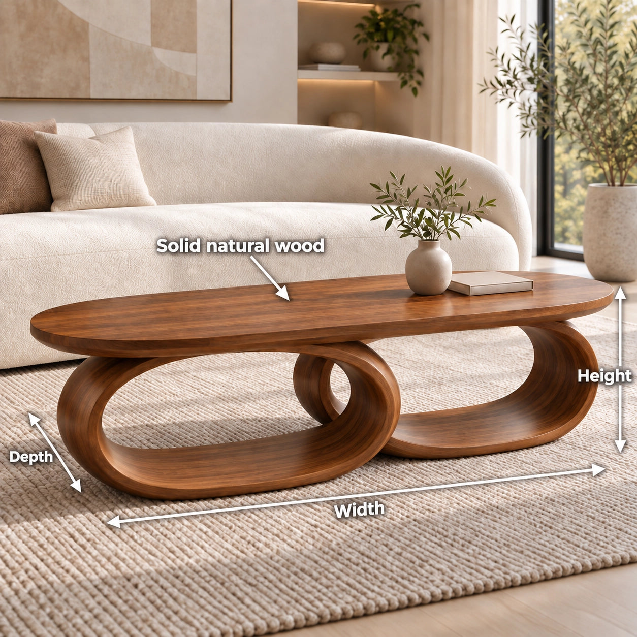 Coffee Table with Dual Oval Openings in Natural Solid Wood for Living - Woodenecho - 6