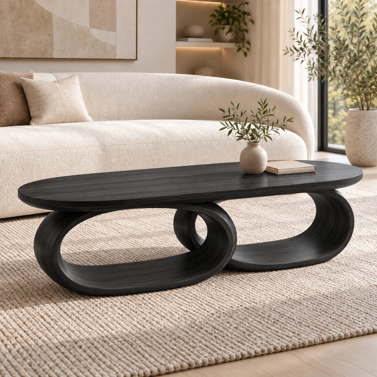 Coffee Table with Dual Oval Openings in Natural Solid Wood for Living - Woodenecho - 7