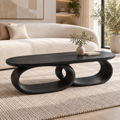 Coffee Table with Dual Oval Openings in Natural Solid Wood for Living - Woodenecho - 7