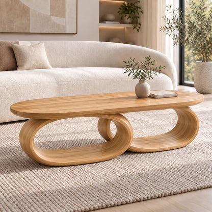 Coffee Table with Dual Oval Openings in Natural Solid Wood for Living - Woodenecho - 8