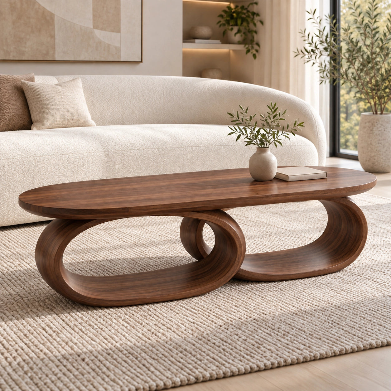 Coffee Table with Dual Oval Openings in Natural Solid Wood for Living - Woodenecho - 9