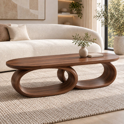 Coffee Table with Dual Oval Openings in Natural Solid Wood for Living - Woodenecho - 9