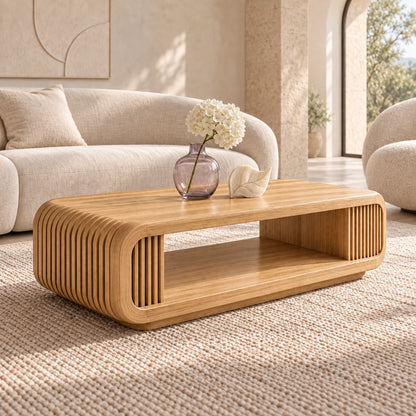 Coffee Table with Fluted Sides and Open Shelf in Natural Solid Wood - Woodenecho - 1