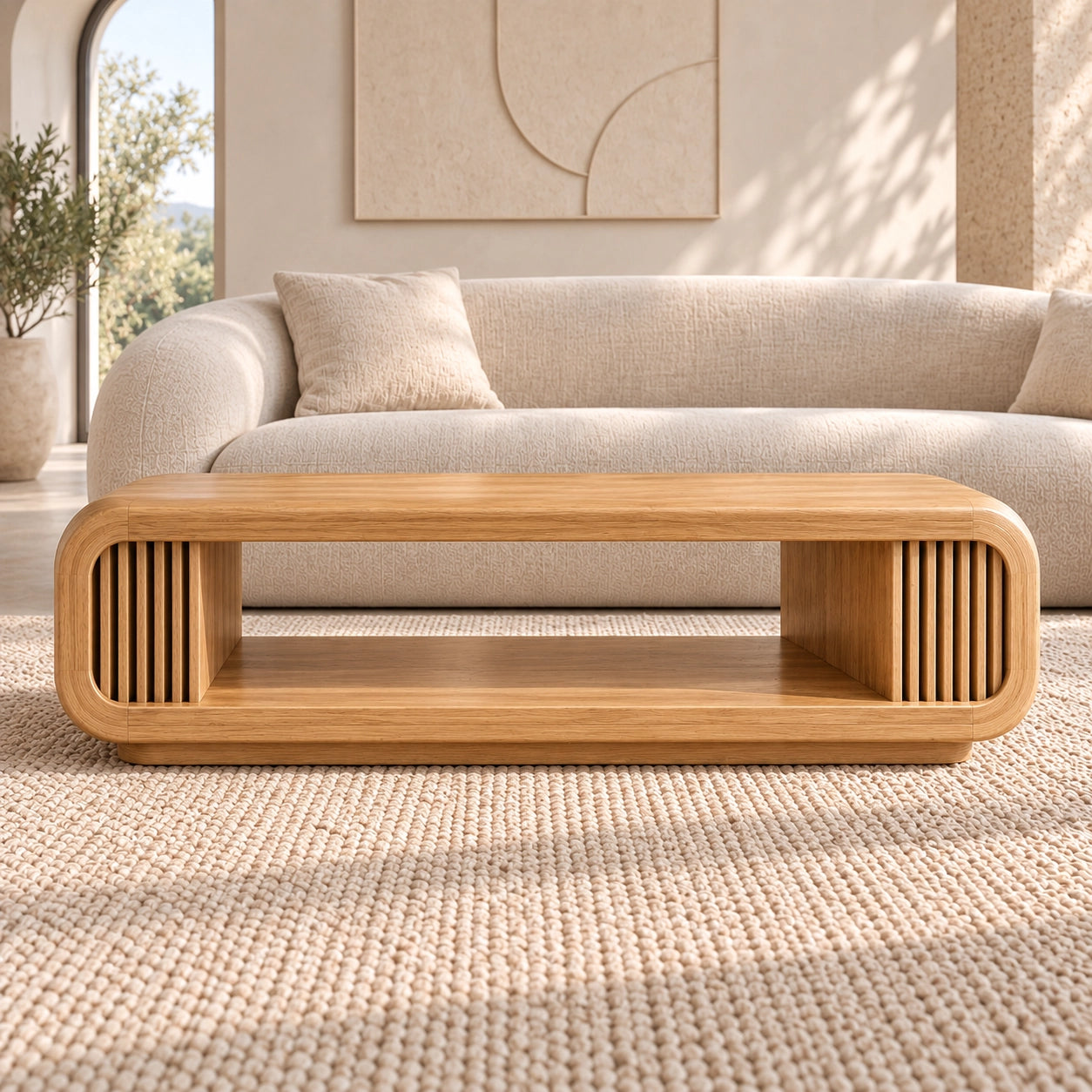 Coffee Table with Fluted Sides and Open Shelf in Natural Solid Wood - Woodenecho - 2