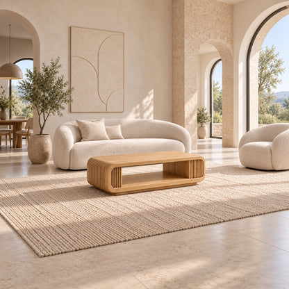 Coffee Table with Fluted Sides and Open Shelf in Natural Solid Wood - Woodenecho - 3