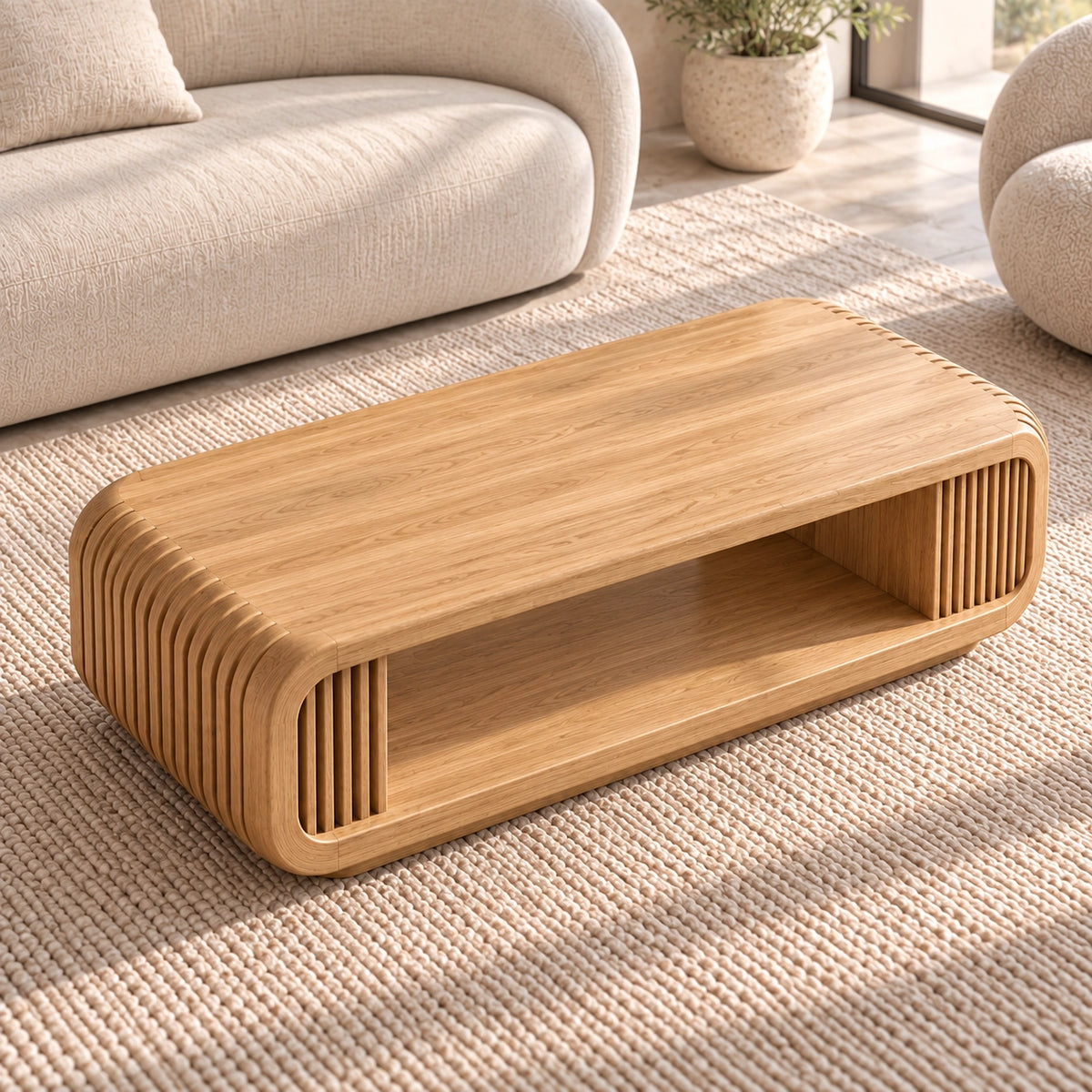Coffee Table with Fluted Sides and Open Shelf in Natural Solid Wood - Woodenecho - 4