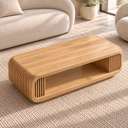 Coffee Table with Fluted Sides and Open Shelf in Natural Solid Wood - Woodenecho - 4