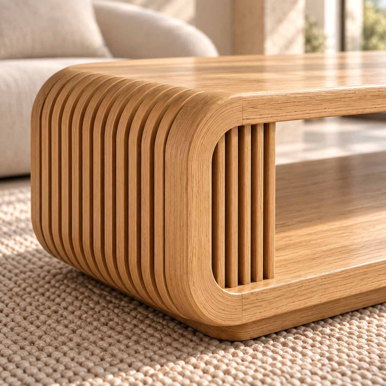 Coffee Table with Fluted Sides and Open Shelf in Natural Solid Wood - Woodenecho - 5