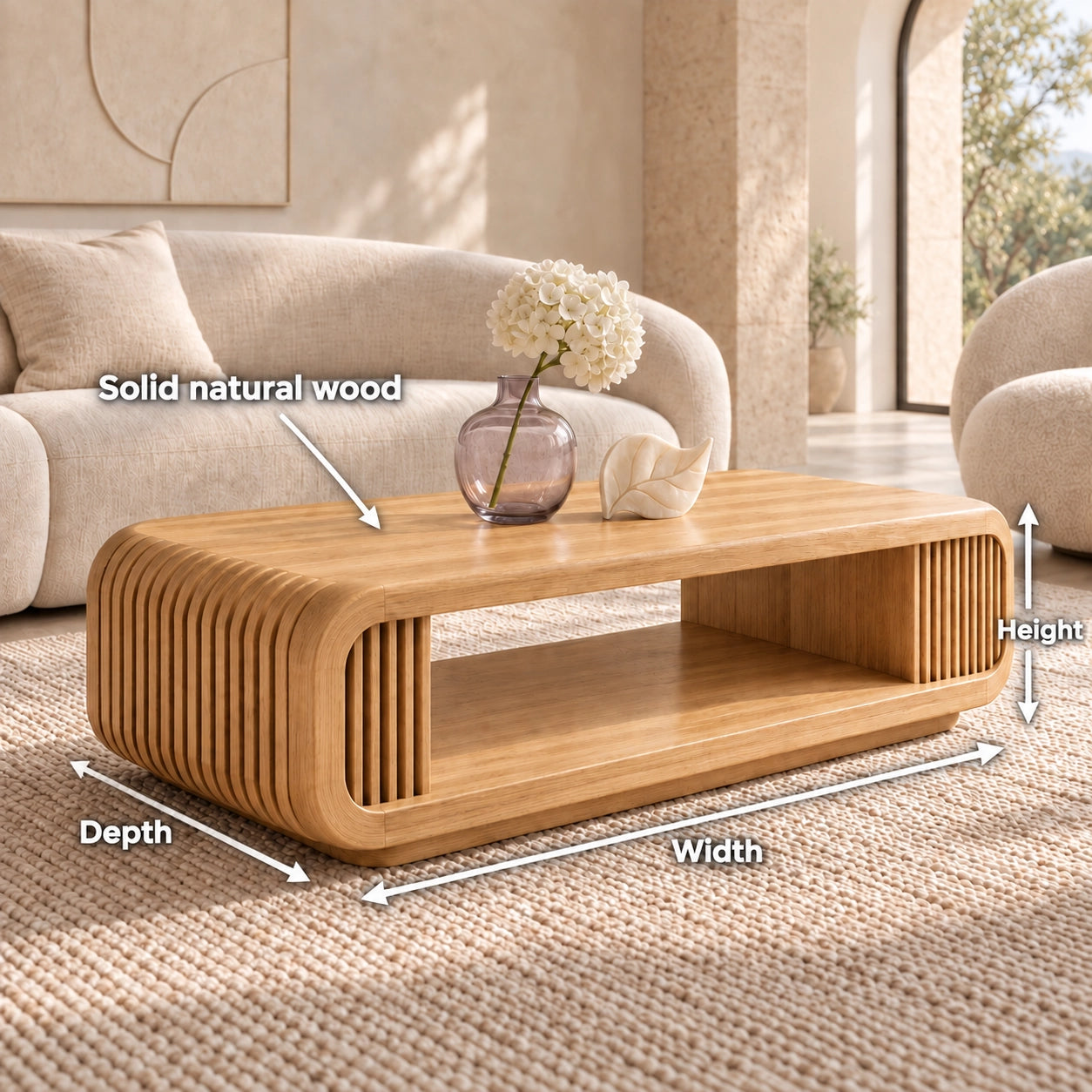 Coffee Table with Fluted Sides and Open Shelf in Natural Solid Wood - Woodenecho - 6