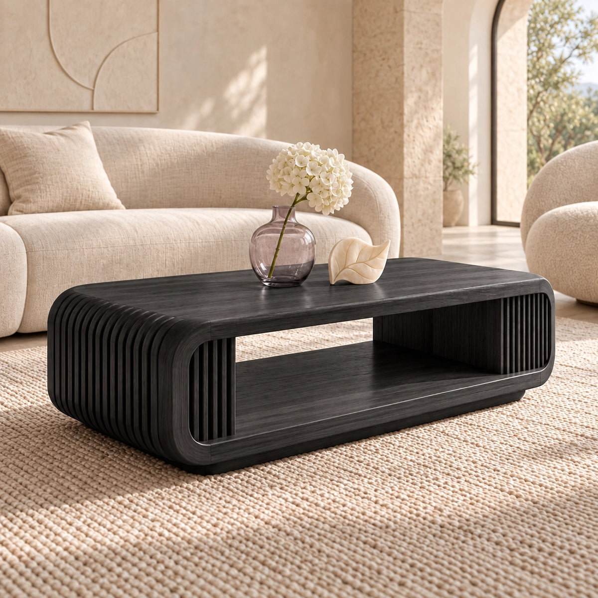 Coffee Table with Fluted Sides and Open Shelf in Natural Solid Wood - Woodenecho - 7