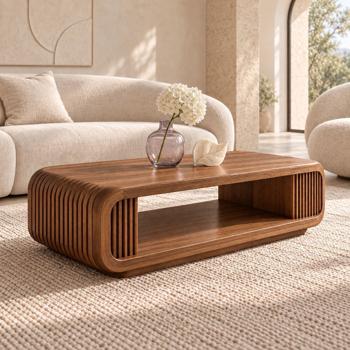 Coffee Table with Fluted Sides and Open Shelf in Natural Solid Wood - Woodenecho - 8