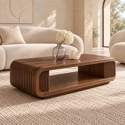 Coffee Table with Fluted Sides and Open Shelf in Natural Solid Wood - Woodenecho - 9
