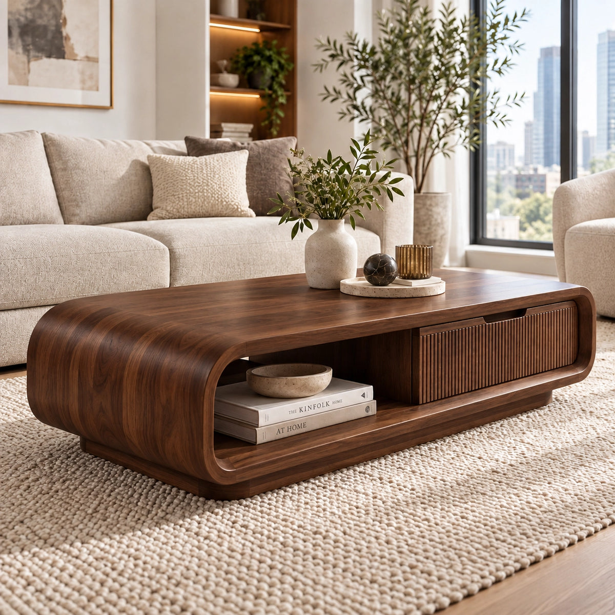 Coffee Table with Fluted Storage and Curved Natural Solid Wood Base - Woodenecho - 1