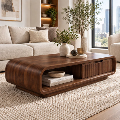 Coffee Table with Fluted Storage and Curved Natural Solid Wood Base - Woodenecho - 1