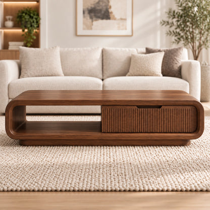 Coffee Table with Fluted Storage and Curved Natural Solid Wood Base - Woodenecho - 2