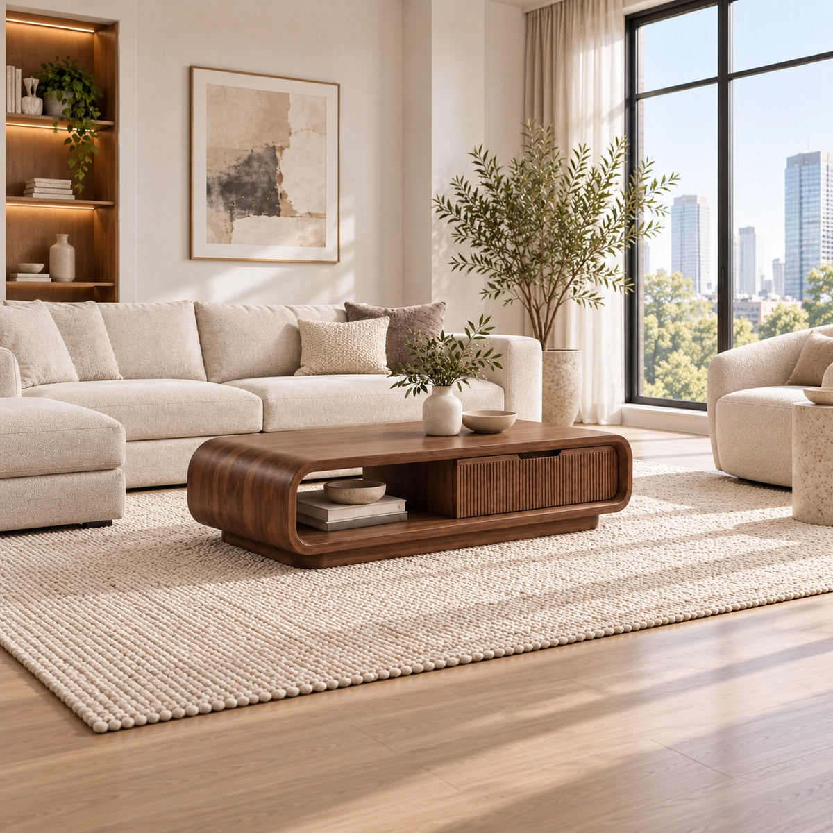 Coffee Table with Fluted Storage and Curved Natural Solid Wood Base - Woodenecho - 3