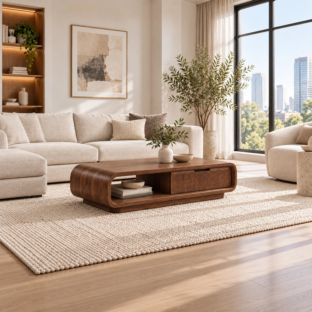 Coffee Table with Fluted Storage and Curved Natural Solid Wood Base - Woodenecho - 3