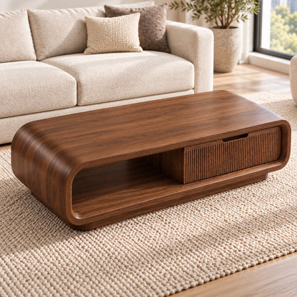 Coffee Table with Fluted Storage and Curved Natural Solid Wood Base - Woodenecho - 4