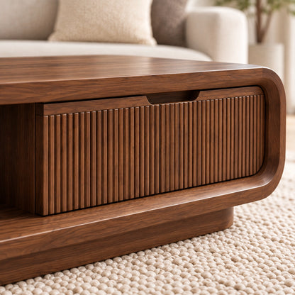 Coffee Table with Fluted Storage and Curved Natural Solid Wood Base - Woodenecho - 5