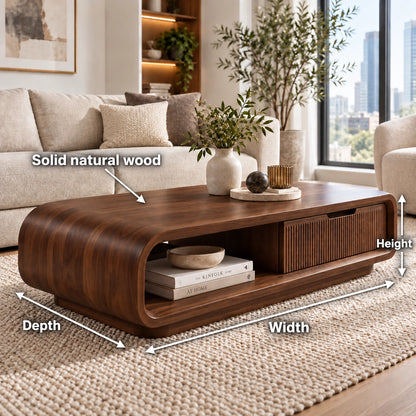 Coffee Table with Fluted Storage and Curved Natural Solid Wood Base - Woodenecho - 6